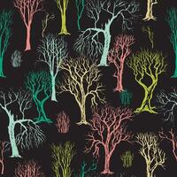 Seamless pattern of silhouettes of trees and bushes without leaves. Dense forest hand drawn wallpapers in sketch style. vector