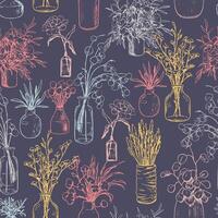 Hand drawn seamless pattern of vases, bottles, and jars of flowers and plants. Gentle floral ornament of vintage sketches. vector