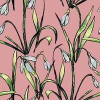 Vintage spring seamless pattern. Sketches of spring flowers snowdrops. Hand drawn wild plants background. Colored bright botanical wallpaper for textile, prints, wrapping, fabric, greeting card vector