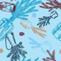 Ornament of jars with fir tree branches and cones. Christmas tree twigs in vases. Abstract seamless pattern. Retro style design. vector