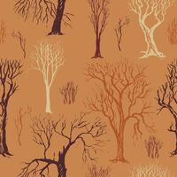 Seamless pattern of silhouettes of trees and bushes without leaves. Dense forest hand drawn wallpapers in sketch style. vector