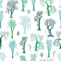 Seamless pattern of silhouettes of trees and bushes without leaves. Dense forest hand drawn wallpapers in sketch style. vector