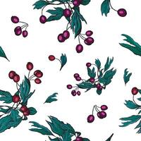 Rosehip branch hand drawn seamless pattern. Botanical ornament in sketch style. vector