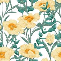 Peony Claire de Lune plants seamless pattern. Hand drawn illustration. Realistic botanical background. Wildflowers retro sketch. Colored vintage design, print, fabric, textile, wrap, wallpaper. vector