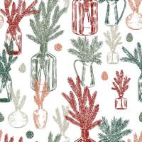 Ornament of jars with fir tree branches and cones. Christmas tree twigs in vases. Abstract seamless pattern. Retro style design. vector