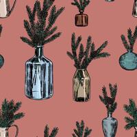 Ornament of jars with fir tree branches and cones. Christmas tree twigs in vases. Abstract seamless pattern. Retro style design. vector