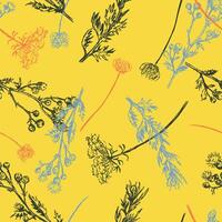 Wild plants abstract ornament. Hand drawn seamless pattern. Floral ornament in retro sketch style. Vintage botanical design for background, decor. vector