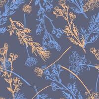 Wild plants abstract ornament. Hand drawn seamless pattern. Floral ornament in retro sketch style. Vintage botanical design for background, decor. vector