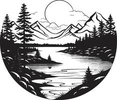 Ebony Expedition Landscape with River and Trees in Black Onyx Oasis Black Mountain River and Tree Scene vector