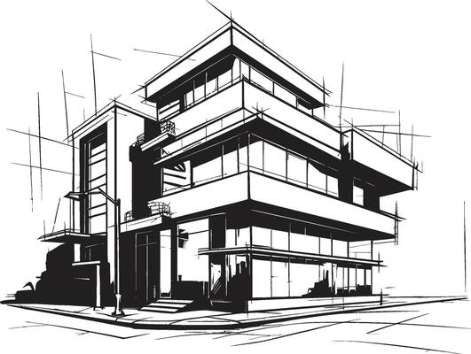 Monochrome Office Block Outline Multifloor Building in Black Charcoal Skyscraper Silhouette Black Multifloor Building Icon
