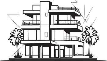 Ebony High Rise Blueprint Multifloor Structure in Black Monochrome Mixed Use Draft Black Multifloor Building Sketch vector