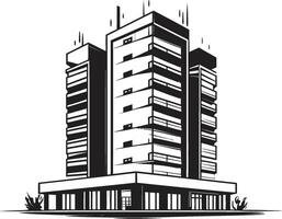 Blackened Apartment Complex Building Sketch in Black Shadowy Residential Tower Outline Black Multifloor Building Design vector