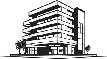 Monochrome Corporate Tower Black Multifloor Building Icon Charcoal High Rise Blueprint Building Sketch in Noir vector