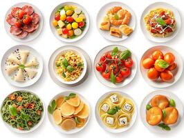 Various plates of food on a white background photo