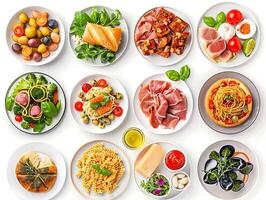 Various plates of food on a white background photo
