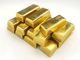 Stacks of gold bars on white background photo