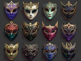 Set of Venetian opera carnival masquerade masks in high resolution photo