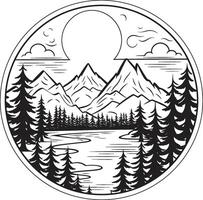 Silhouette Sanctuary Mountain River Design in Black Noir Architectural Vision Black Sketch of Multifloor Building vector