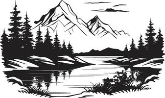 Ebony Escapade Black Mountain River and Tree Design Dusk Domain Mountain River Scene in Black vector