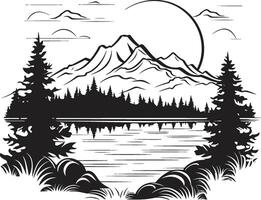 Darkened Wilderness Black Mountain River and Tree Icon Ebony Expedition Landscape with River and Trees in Black vector
