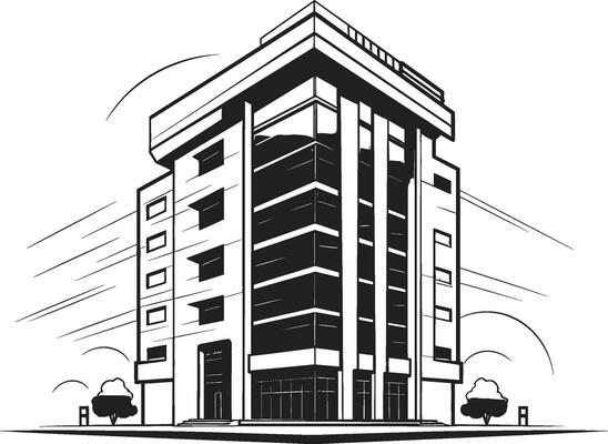 Ebony Mixed Use Silhouette Black Multifloor Structure Sketch Monochrome Corporate Tower Concept Multifloor Building in Black