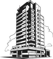 Darkened High Rise Draft Black Sketch of Multifloor Structure Ebony Apartment Complex Sketch Building Design in Black vector