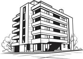 Monochrome Office Block Outline Black Multifloor Building Icon Charcoal Skyscraper Silhouette Building Sketch in Noir vector