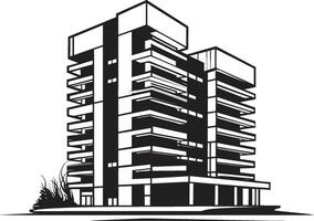 Noir Corporate Complex Silhouette Black Multifloor Structure Sketch Midnight Apartment Complex Design Multifloor Building in Black vector
