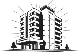 Ebony Corporate Complex Blueprint Black Multifloor Structure Icon Monochrome Apartment Complex Sketch Building in Black vector