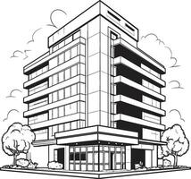 Monochrome Office Block Silhouette Building Sketch in Black Charcoal Skyscraper Design Black Multifloor Building Design vector