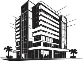Darkened High Rise Sketch Building Icon in Black Ebony Office Tower Design Black Multifloor Building Sketch vector