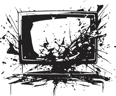 Shattered Screen Silhouette Design of Smashed TV Icon Fragmented Flatscreen Sketch Black of Shattered Television
