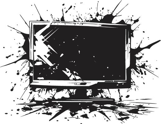 Ruined Reception Black Graphic of Shattered Television Fractured Flatpanel Illustration of Smashed TV