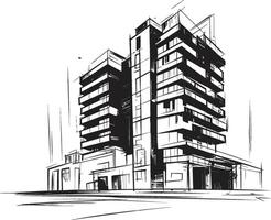 Ebony High Rise Design Building Sketch in Noir Monochrome Mixed Use Silhouette Black Multifloor Building Design vector