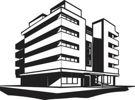 Midnight Corporate Tower Sketch Building Icon in Black Shadowy Mixed Use Sketch Black Multifloor Building Sketch vector