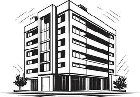 Ebony High Rise Design Black Multifloor Building Design Monochrome Mixed Use Silhouette Building Icon in Black vector