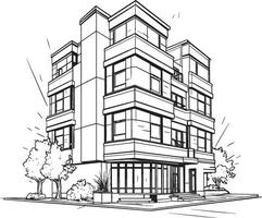 Monochrome Apartment Complex Black Multifloor Building Icon Charcoal Commercial Tower Building Sketch in Noir vector