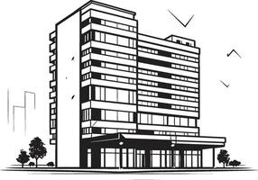 Ebony Mixed Use Concept Building Sketch in Black Monochrome Corporate Complex Black Multifloor Building Design vector