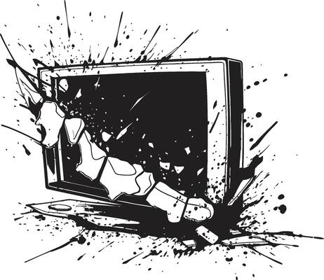 Splintered Screen Black Icon of Broken Television Fractured Flatpanel Graphic of Smashed TV in Black