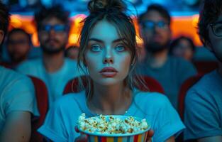 People enjoying a movie in a theater, sitting in comfortable seats with popcorn, focused on the screen photo