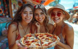 Three pals laughing, enjoying slices of pizza outdoors. Friends bonding, relishing pizza on the sidewalk photo