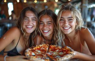 Three pals laughing, enjoying slices of pizza outdoors. Friends bonding, relishing pizza on the sidewalk photo
