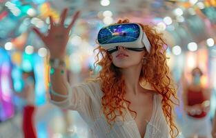 Red haired young woman dancing with VR headset, immersed in a vivid, interactive, and animated virtual environment photo