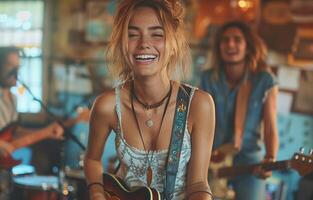 Female rock band performing and singing in a home studio, laughing and enjoying their music together photo