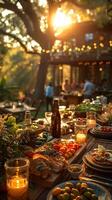 Wide shot of a table with food and drinks in front of a house. Family gathers for summer party photo