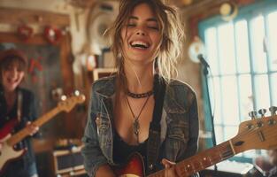 Female rock band performing and singing in a home studio, laughing and enjoying their music together photo