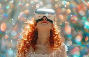 Red haired young woman dancing with VR headset, immersed in a vivid, interactive, and animated virtual environment photo