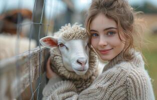 Young woman feeds sheep at farm, wearing beige sweater and jeans, enjoying animal interaction by wooden fence photo