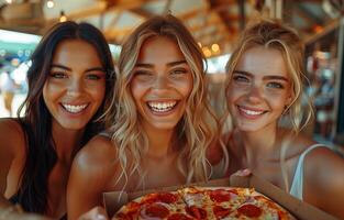 Three pals laughing, enjoying slices of pizza outdoors. Friends bonding, relishing pizza on the sidewalk photo