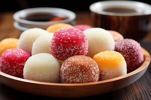 A vibrant array of sugar-dusted mochi in a wooden bowl, with a backdrop of warm tea, offers a glimpse into Japanese dessert culture. photo